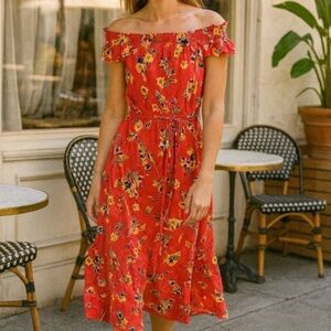 Floral Off-Shoulder Red Dress with Pockets